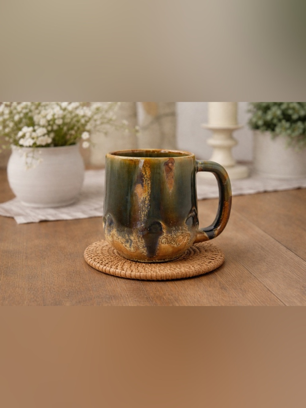 Handmade Pottery Mug Green Brown Drip Glaze Signed MA Artisan Mug